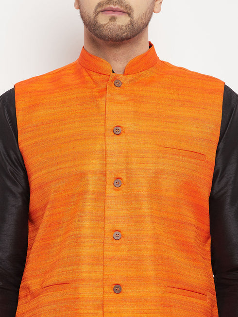 Vastramay Men's Orange Matka Silk Nehru Jacket With Black Silk Blend Kurta and Pant style Pyjama Set